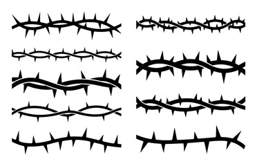 Black Silhouette Thorns Border Designs on White Background thorny branch © Sultana