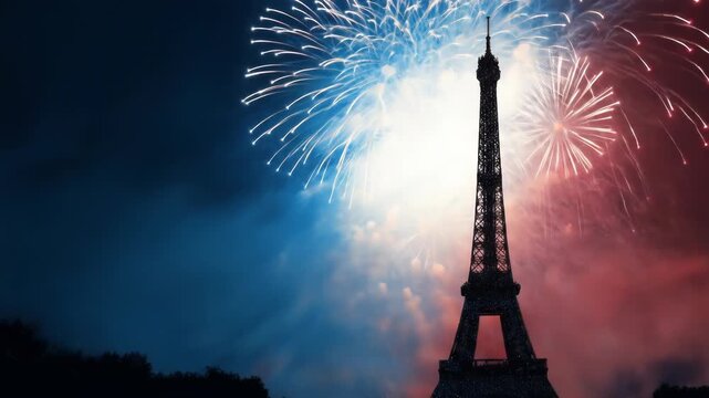 Eiffel Tower silhouetted against a night sky filled with fireworks