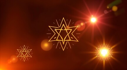 Golden Star of David: Intricate star symbols illuminated by sunburst flares against a rich, deep red backdrop, create a visual narrative of reverence, faith, and cultural heritage.