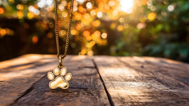A vibrant paw print pendant on a rustic table, honoring World Animal Day with warmth and nature.