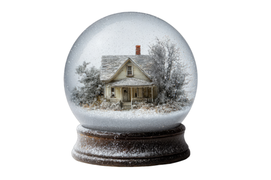 Snow globe with a small, old house