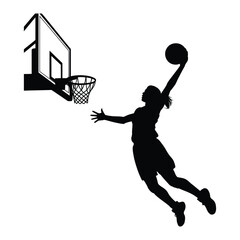 Female Player Mid-Dunk Silhouette, Vector, Illustration, Outline, Line Art, Icon, White Background.