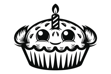 Monochrome Cupcake With Candle Icon on White Background