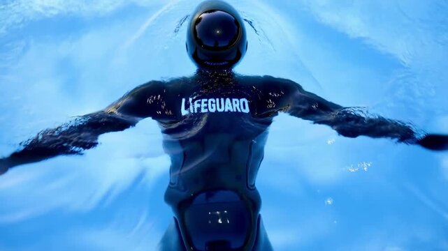 Humanoid robot performing advanced lifeguard monitoring, swimming through pool water while ensuring comprehensive safety protocols and emergency prevention measures