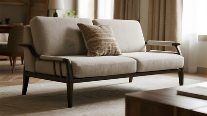 Fototapeta premium Modern Beige Sofa with Wooden Frame in a Cozy Living Room