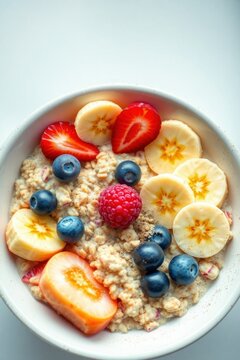 Fresh banana and berry smoothie bowl with seeds
