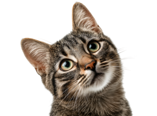 Curious Tabby Cat with Bright Green Eyes and Tilted Head isolated on a transparent background