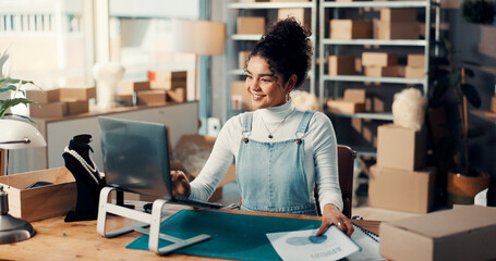 Happy, woman and reading on laptop for distribution checklist, courier update and supply chain. Small business, pc and female person with delivery document, inventory management and schedule shipping