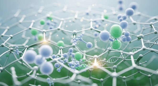 Graphene Nanostructure with DNA and Atomic Particles in Close-up