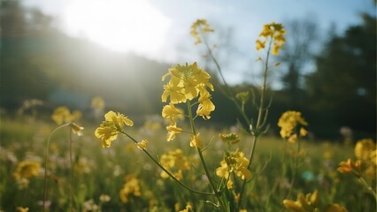 Obraz premium Sunlit Field of Yellow Flowers in Bloom