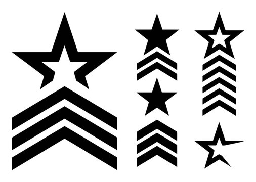 Collection of Black Star and Chevron Rank Insignia Icons on White Background military