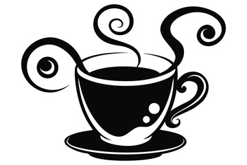 Stylized Black Coffee Cup with Swirls on a White Background Icon Design