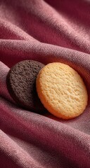 Two cookies, one dark chocolate, one light, on a textured, mauve-pink fabric