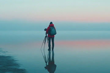The photographer captures the serene beauty of the tranquil lake during a captivating sunset in a