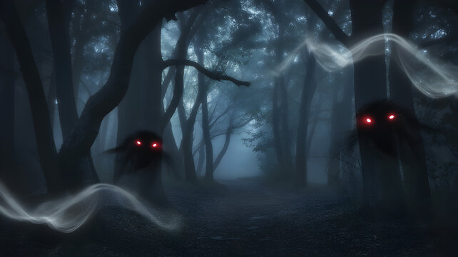 A spooky forest path with glowing eyes and ghostly figures in the dark mist