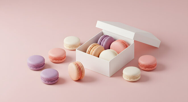 Elegant assortment of pastel macarons in a pristine white box, displayed against a soft blush pink backdrop evokes - Powered by Adobe