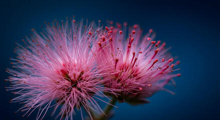 Delicate pink mimosa blossoms against a deep azure background create a captivating botanical portrait