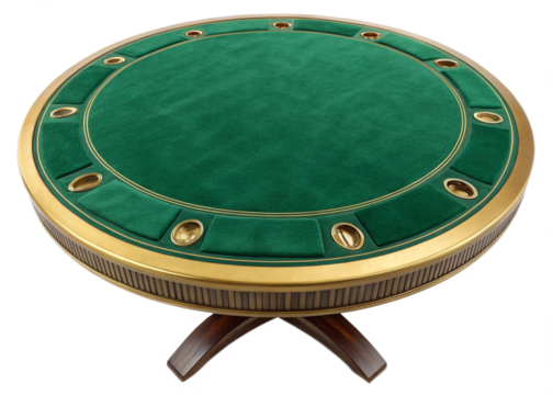 Round green casino poker table with cup holders