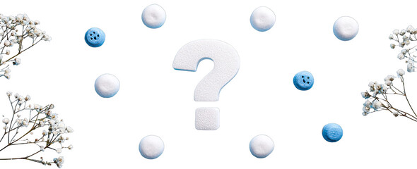 Question mark surrounded by  white and light blue spheres,  with fluffy white plants at the edges