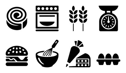 Eight black and white icons representing baking and food items on a white background collection