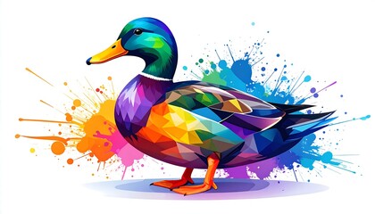 Colorful geometric mallard duck against a vibrant paint splatter background