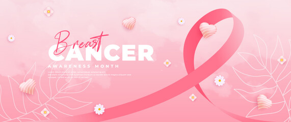 Breast cancer awareness month banner with pink ribbon element
