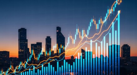 Financial Growth Chart with Urban Skyline at Dusk