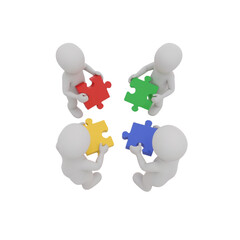 Teamwork and collaboration illustrated with puzzle pieces in vibrant colors on transparent canvas