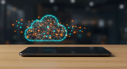 Abstract luminous cloud computing symbol floating above a tablet, representing advanced technology and seamless data