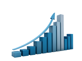 A blue arrow pointing upwards over a bar graph showing increasing growth on a black background created with generated ai