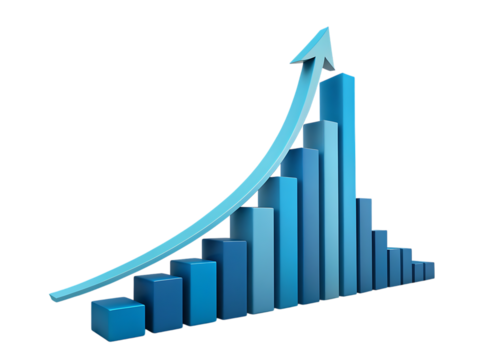 Blue bar graph showing growth with a blue arrow pointing upwards on a black background image created with generated ai