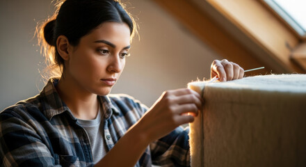 Focused young woman upholstering furniture in cozy attic workshop, carefully working with needles and padding on soft chair seat in warm sunlight