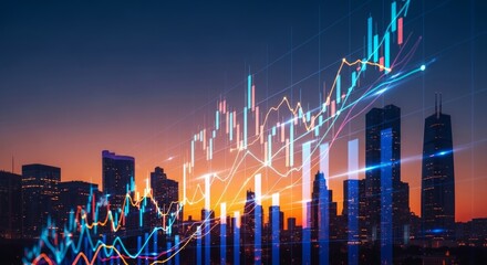 Financial Chart Overlaying Modern City Skyline at Sunset