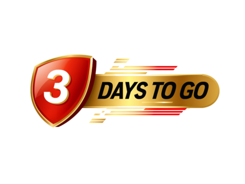 Exciting countdown announcement featuring a bright shield and golden banner three days left before