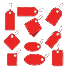 Collection of Red Price Tags with White Stitching on a Transparent Background