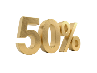 Golden fifty percent symbol with a textured finish, floating on an isolated setting, ideal for