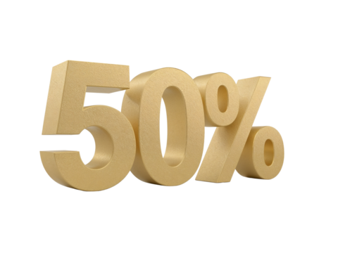 Captivating golden 50 percent discount rendered in three dimensions on seamless transparency
