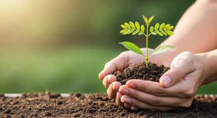 Hands holding young green plant with soil in natural setting