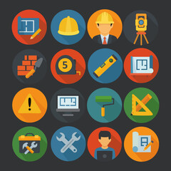 Flat Construction and Architecture Icons Set – Tools, Engineer, Safety Helmet, Blueprint, Building Equipment Vector