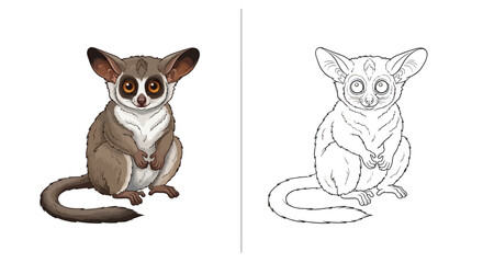 Fototapeta premium African Lesser Bushbaby Coloring Sheet Contrast Views Dual Version Line and Filled Art