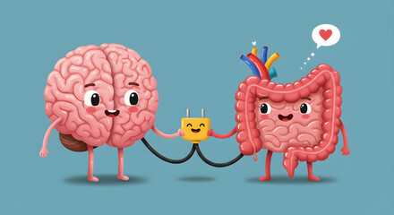 Microbiome gut-brain axis cartoon illustration with brain and intestines holding cables