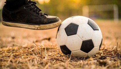 Closeup of Soccer Player Foot with Ball on Dry Grass Field at Sunset