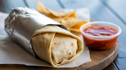 Delicious foil wrapped burrito with salsa and tortilla chips on a wooden board
