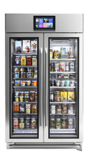 Stainless steel pantry with glass doors, stocked with food items and digital display