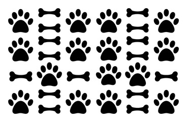 Repeating Pattern Of Black Dog Paw Prints And Bones On White Background animal