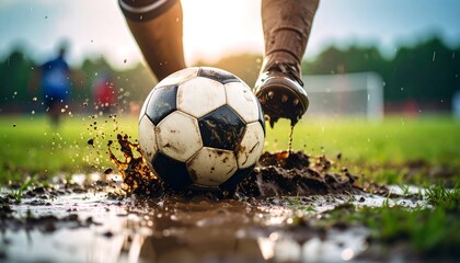 Soccer Foot Kicking Ball on Muddy Grass Field with Splash in Closeup