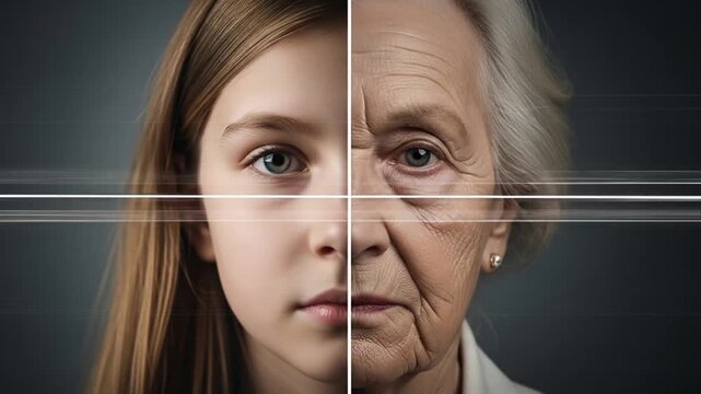 The Passage of Time A SplitScreen Animation Contrasting a Face from Youth to Old Age.