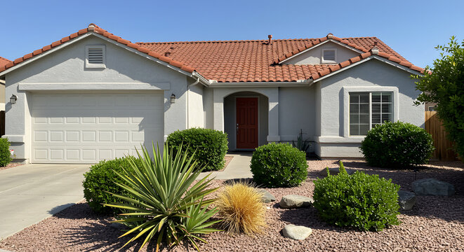 Cozy suburban home with terracotta roof, manicured landscaping, and a serene atmosphere evokes the American dream for