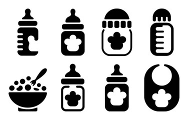 Set of black baby feeding and care icons on a white background baby bottle milk bottle