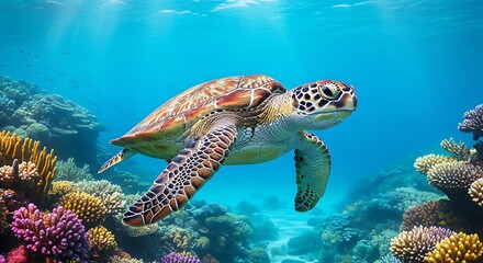 Fototapeta premium Sea Turtle Gliding Gracefully Through Vibrant Coral Reef Ecosystem a Marine Life Spectacle in Azure Waters